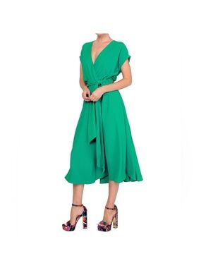 Meghan LA Emerald Green Wrap Midi Dress with Tie Waist
